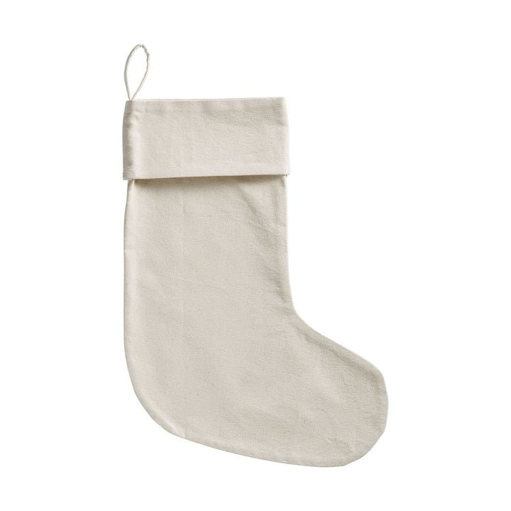 Stor julesok i cremefarvet bomuldskanvas med foldet kant og ophæng, 35 × 50 cm