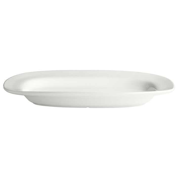 Stort Pure serveringsfad i hvidt glaseret lertøj med blank overflade og organisk bladinspireret form, 45 × 35 cm