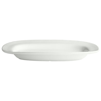 Stort Pure serveringsfad i hvidt glaseret lertøj med blank overflade og organisk bladinspireret form, 45 × 35 cm