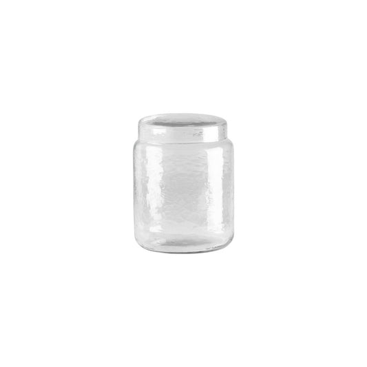 Rundt opbevaringsglas med låg i klart, mundblæst og hamret glas med let ujævn overflade, Ø 12 × H 16 cm