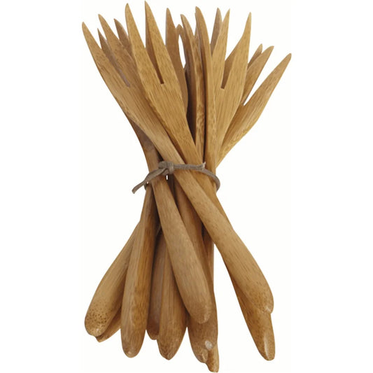 Sæt med 12 små gafler i naturfarvet bambus med synlig træstruktur, 14 cm lange og 1,5 cm brede