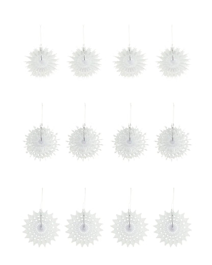 Fold hvide papirvifter med fine udskårne mønstre, sæt med 12 håndlavede ophæng i tre forskellige designs, Ø 15 cm