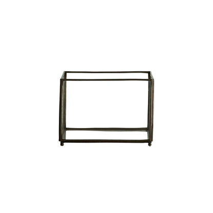 Åben bordlanterne med enkel jernkonstruktion og transparente glasvægge, 15 × 15 cm og 30 cm høj