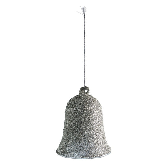 Dust dekorativ juleklokke i sølv med glitrende overflade, 8 cm i diameter og 10 cm høj